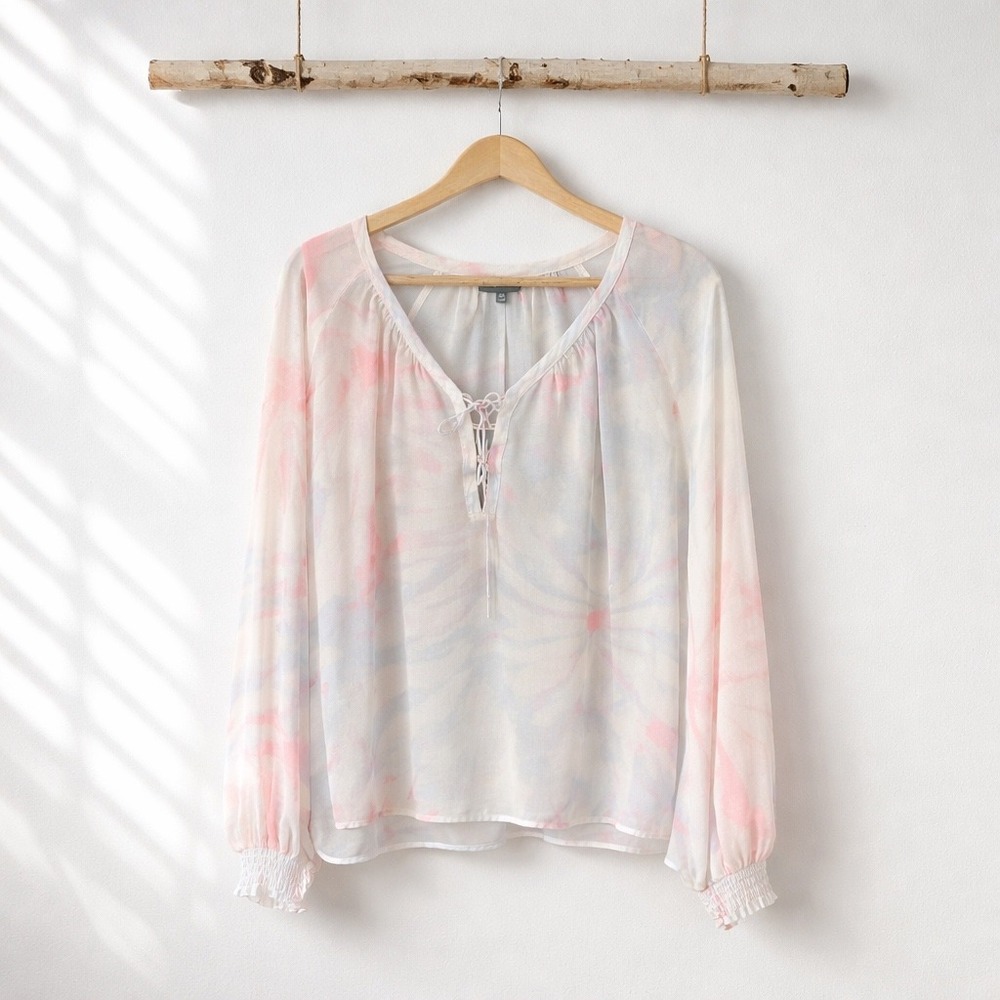 ModCloth Tie‎ Dye Lace Up Blouse Pastel Pink Blue Womens XL Soft Sheer Fairycore